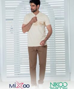 ست مردانه تیشرت نیم زیپ کرم و شلوار نسکافه ای 6356